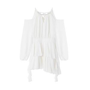 Summer New French Sexy Off Shoulder Hanging Neck Ruffled Chiffon White Dress